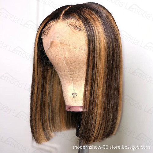 Highlight Color Lace Front Human Hair Wigs 150% Density Brazilian Virgin Straight Hair Blonde Short Bob Glueless T Lace Wigs